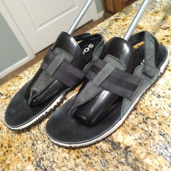 Sorel Out N About Plus Sandals Leather Thong Slingback Black Women's Sz 7.5 - Picture 1 of 12